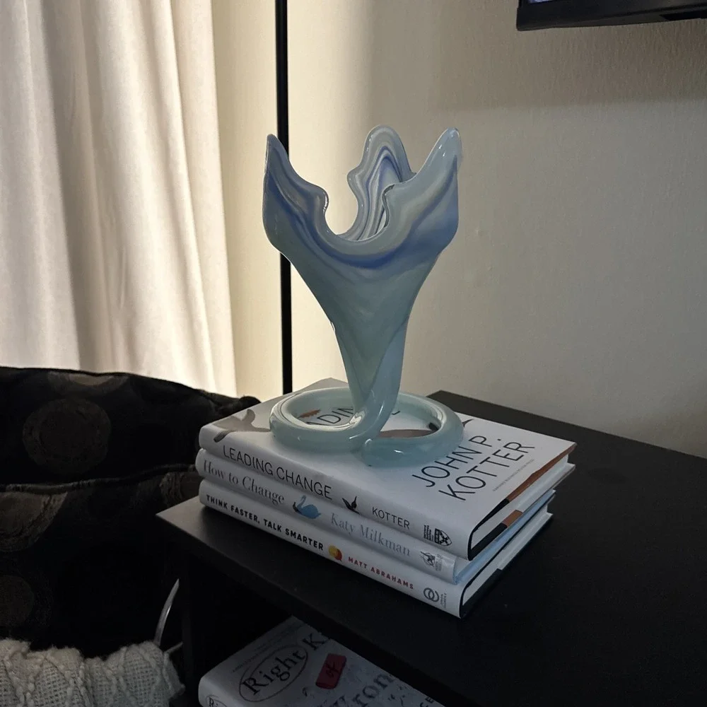 VTG Y2K Hand Blown Art Glass Swirl Vase OS Blue Green Ruffled Spiral